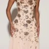 Rochie midi asimetrică Zelina cu decolteu rotund și ornamente, în culoarea auriu