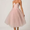 Rochie midi-axă Cindy din tul cu corset, în nuanța Dusty Rose