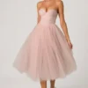 Rochie midi-axă Cindy din tul cu corset, în nuanța Dusty Rose