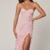 Rochie midi-ax Eudora cu corset cu șireturi și decupaj, în roz pal