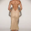 Rochie midi-axială Bellara din dantelă metalică, cu decolteu adânc și spate decupat, în culoarea auriu