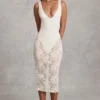 Rochie midi-axială Caia din dantelă transparentă cu decolteu adânc și margini festonate, de culoare albă