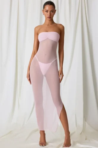 Rochie midi bandeau cu volane Papeete, roz pal