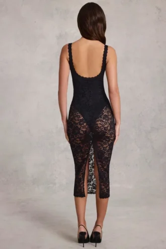 Rochie midi Caia din dantelă transparentă cu decupaj adânc și bordură festonată, de culoare neagră Rochie midi Caia din dantelă transparentă cu decupaj adânc și bordură festonată, de culoare neagră