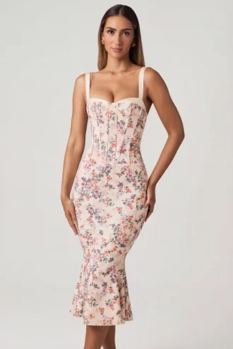 Rochie midi cu coadă de pește și detaliu sutien stratificat Valentina, cu imprimeu floral Primrose Rochie midi cu coadă de pește și detaliu sutien stratificat Valentina, cu imprimeu floral Primrose