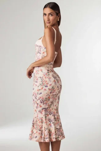 Rochie midi cu coadă de pește și detaliu sutien stratificat Valentina, cu imprimeu floral Primrose Rochie midi cu coadă de pește și detaliu sutien stratificat Valentina, cu imprimeu floral Primrose