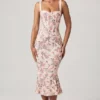 Rochie midi cu coadă de pește și detaliu sutien stratificat Valentina, cu imprimeu floral Primrose