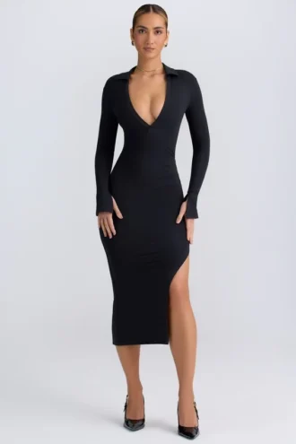 Rochie midi cu decolteu adânc în V din modal Yael, negru Rochie midi cu decolteu adânc în V din modal Yael, negru