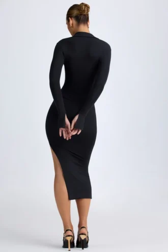 Rochie midi cu decolteu adânc în V din modal Yael, negru Rochie midi cu decolteu adânc în V din modal Yael, negru
