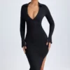 Rochie midi cu decolteu adânc în V din modal Yael, negru Rochie midi cu decolteu adânc în V din modal Yael, negru