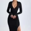 Rochie midi cu decolteu adânc în V din modal Yael, negru Rochie midi cu decolteu adânc în V din modal Yael, negru