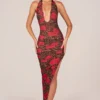Rochie midi cu decolteu halter și tiv asimetric, cu imprimeu leopard roz Rochie midi cu decolteu halter și tiv asimetric, cu imprimeu leopard roz