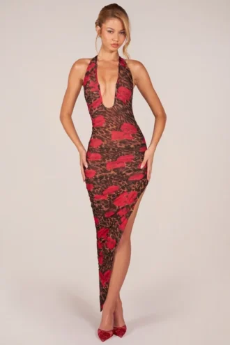 Rochie midi cu decolteu halter și tiv asimetric, cu imprimeu leopard roz