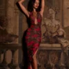 Rochie midi cu decolteu halter și tiv asimetric, cu imprimeu leopard roz Rochie midi cu decolteu halter și tiv asimetric, cu imprimeu leopard roz