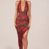 Rochie midi cu decolteu halter și tiv asimetric, cu imprimeu leopard roz Rochie midi cu decolteu halter și tiv asimetric, cu imprimeu leopard roz