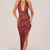Rochie midi cu decolteu halter și tiv asimetric, cu imprimeu leopard roz Rochie midi cu decolteu halter și tiv asimetric, cu imprimeu leopard roz