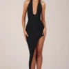 Rochie midi cu decolteu halter și tiv despicat Storie, negru Rochie midi cu decolteu halter și tiv despicat Storie, negru