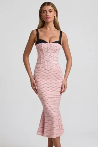 Rochie midi cu detalii de sutien și croi în formă de coadă de pește, model Valentina, în roz cu buline