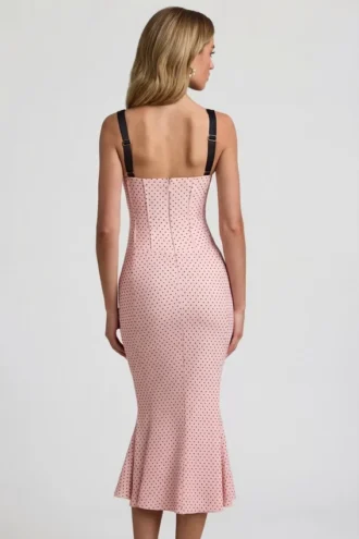 Rochie midi cu detalii de sutien și croi în formă de coadă de pește, model Valentina, în roz cu buline
