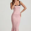 Rochie midi cu detalii de sutien și croi în formă de coadă de pește, model Valentina, în roz cu buline