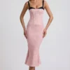Rochie midi cu detalii de sutien și croi în formă de coadă de pește, model Valentina, în roz cu buline