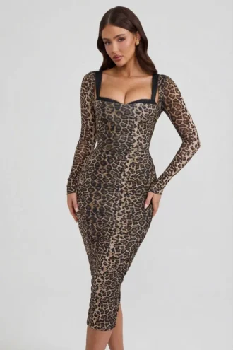 Rochie midi cu detalii de sutien și volane Deliana, cu imprimeu leopard