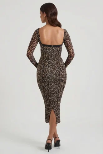 Rochie midi cu detalii de sutien și volane Deliana, cu imprimeu leopard