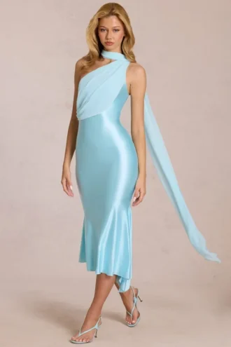 Rochie midi cu detaliu eșarfă Giada în culoarea Soft Aqua
