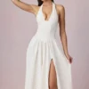 Rochie midi cu gât halter din modal cu broderie englezească Farrah, albă Rochie midi cu gât halter din modal cu broderie englezească Farrah, albă