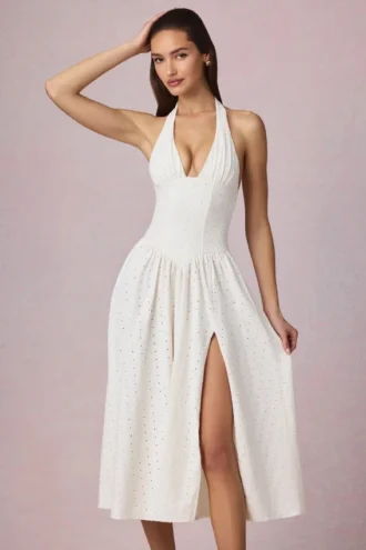 Rochie midi cu gât halter din modal cu broderie englezească Farrah, albă