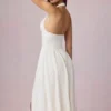 Rochie midi cu gât halter din modal cu broderie englezească Farrah, albă Rochie midi cu gât halter din modal cu broderie englezească Farrah, albă