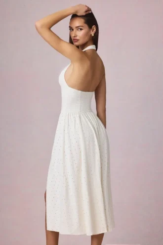 Rochie midi cu gât halter din modal cu broderie englezească Farrah, albă