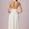 Rochie midi cu gât halter din modal cu broderie englezească Farrah, albă Rochie midi cu gât halter din modal cu broderie englezească Farrah, albă