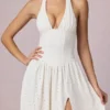 Rochie midi cu gât halter din modal cu broderie englezească Farrah, albă Rochie midi cu gât halter din modal cu broderie englezească Farrah, albă