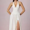 Rochie midi cu gât halter din modal cu broderie englezească Farrah, albă Rochie midi cu gât halter din modal cu broderie englezească Farrah, albă