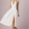 Rochie midi cu gât halter din modal cu broderie englezească Farrah, albă Rochie midi cu gât halter din modal cu broderie englezească Farrah, albă