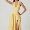 Rochie midi cu gât halter din modal cu broderie englezească Farrah, în galben lămâie