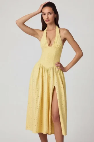 Rochie midi cu gât halter din modal cu broderie englezească Farrah, în galben lămâie