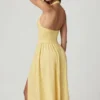 Rochie midi cu gât halter din modal cu broderie englezească Farrah, în galben lămâie