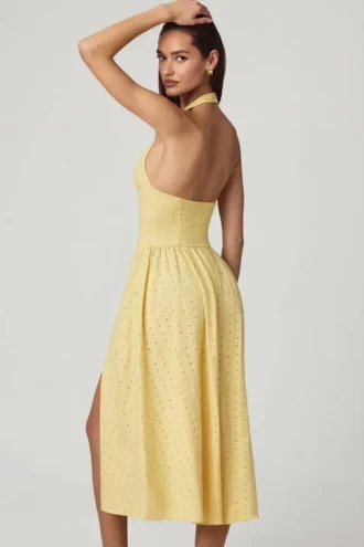 Rochie midi cu gât halter din modal cu broderie englezească Farrah, în galben lămâie