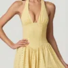 Rochie midi cu gât halter din modal cu broderie englezească Farrah, în galben lămâie