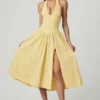 Rochie midi cu gât halter din modal cu broderie englezească Farrah, în galben lămâie