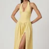 Rochie midi cu gât halter din modal cu broderie englezească Farrah, în galben lămâie