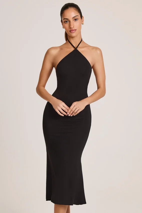 Rochie midi cu gât halter din modal Karissa, negru Rochie midi cu gât halter din modal Karissa, negru