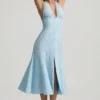 Rochie midi cu gât halter Elonia, cu imprimeu floral albastru Rochie midi cu gât halter Elonia, cu imprimeu floral albastru