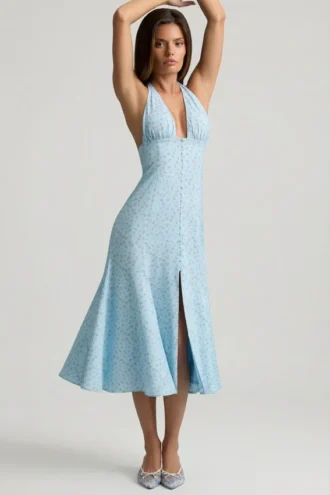 Rochie midi cu gât halter Elonia, cu imprimeu floral albastru Rochie midi cu gât halter Elonia, cu imprimeu floral albastru