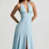 Rochie midi cu gât halter Elonia, cu imprimeu floral albastru Rochie midi cu gât halter Elonia, cu imprimeu floral albastru