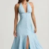 Rochie midi cu gât halter Elonia, cu imprimeu floral albastru Rochie midi cu gât halter Elonia, cu imprimeu floral albastru