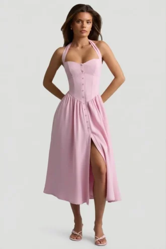 Rochie midi cu gât halter și detalii cu nasturi Orlena, în roz pal