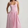 Rochie midi cu gât halter și detalii cu nasturi Orlena, în roz pal